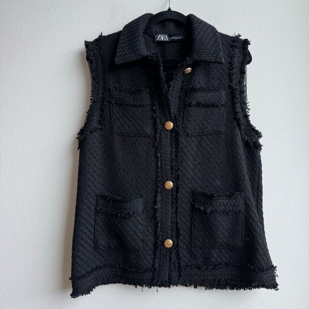 ZARA Structured Tweed Black Gold Button Preppy Frayed Button Vest Size Medium